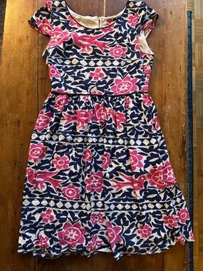 Anthropologie Maeve Floral Fit & Flare Dress Navy Pink Short Sleeve Mini